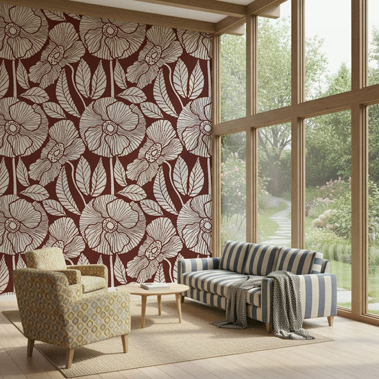 Poppy wallpaper, striking outline floral motif, deep burgundy color, stylish home decor., GD6945