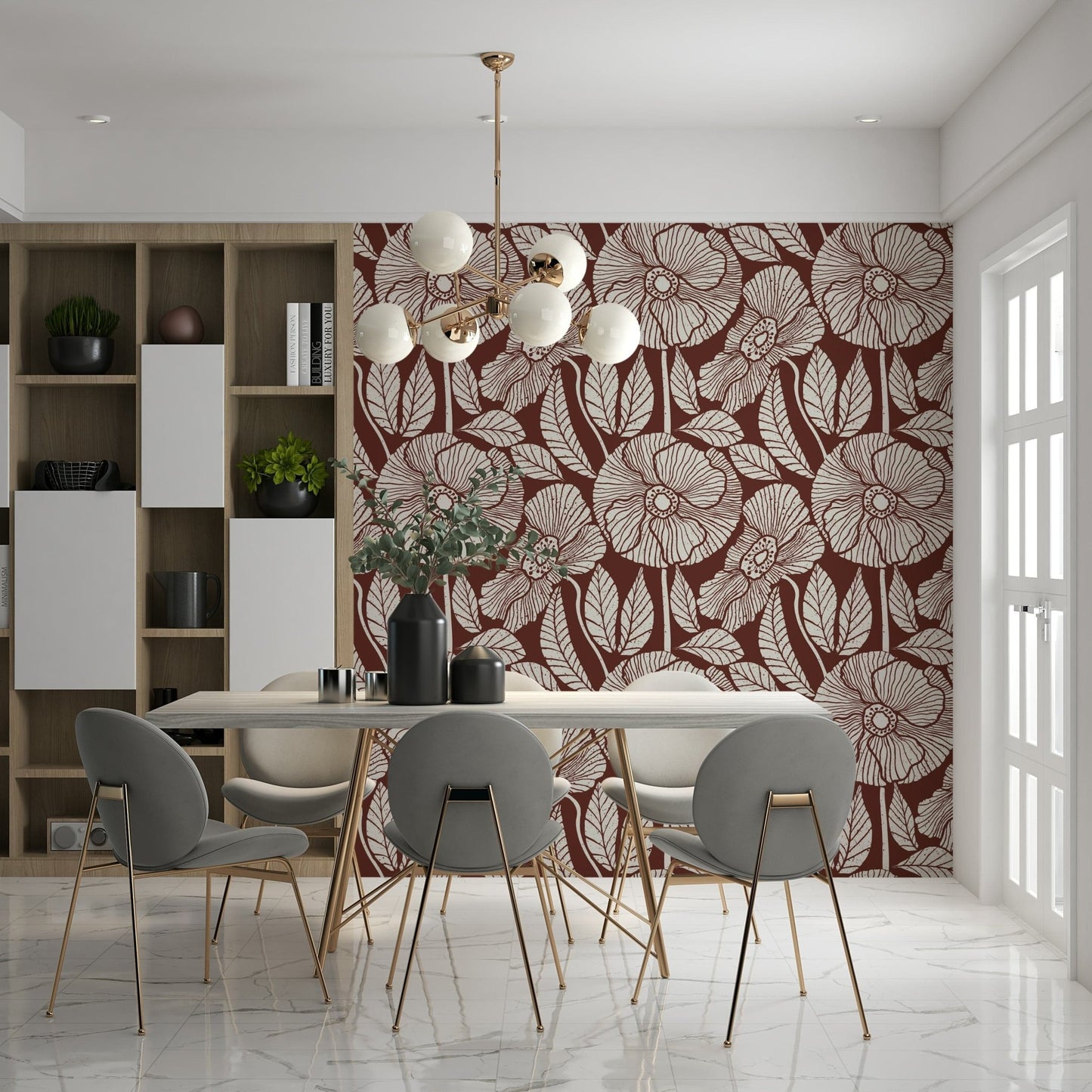 Contemporary Floral Modern Burgundy wallpaper, sketched blossom illustration, unique aesthetic.