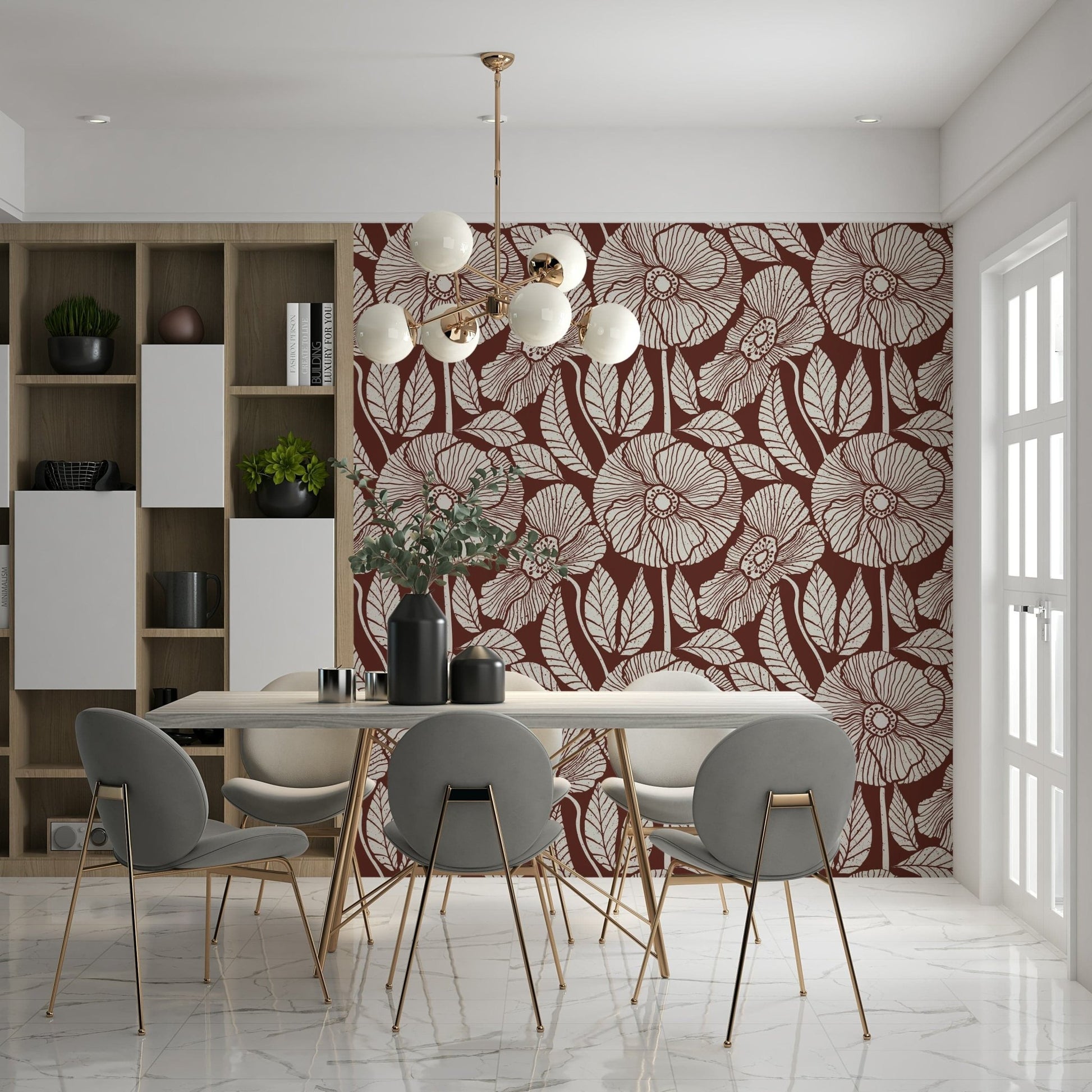 Contemporary Floral Modern Burgundy wallpaper, sketched blossom illustration, unique aesthetic.