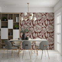 Contemporary Floral Modern Burgundy wallpaper, sketched blossom illustration, unique aesthetic.