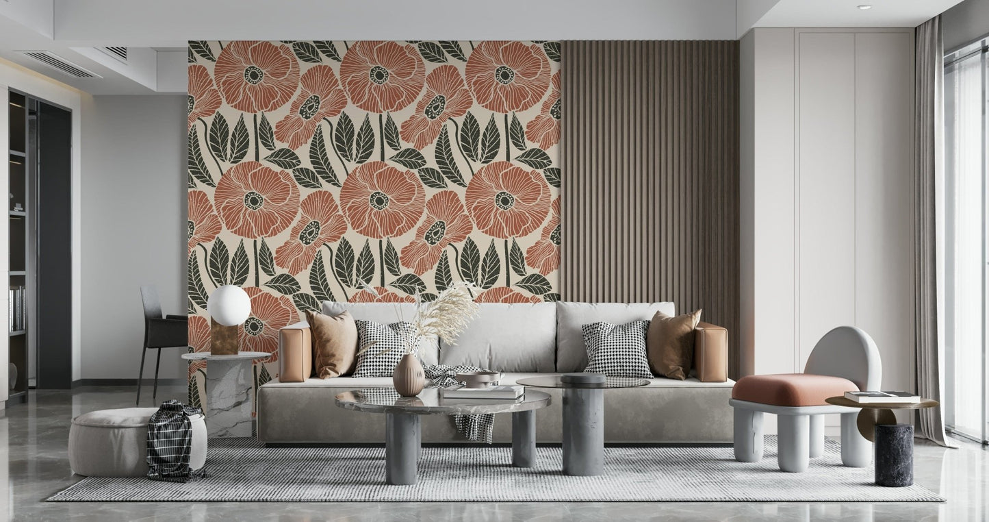 Intricate Rustic Block wallpaper, detailed flower drawings, warm and inviting pattern.