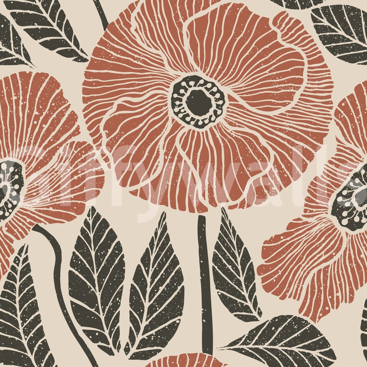 Unique Poppy Floral Modern wallpaper, terracotta and charcoal print, distinct pattern.