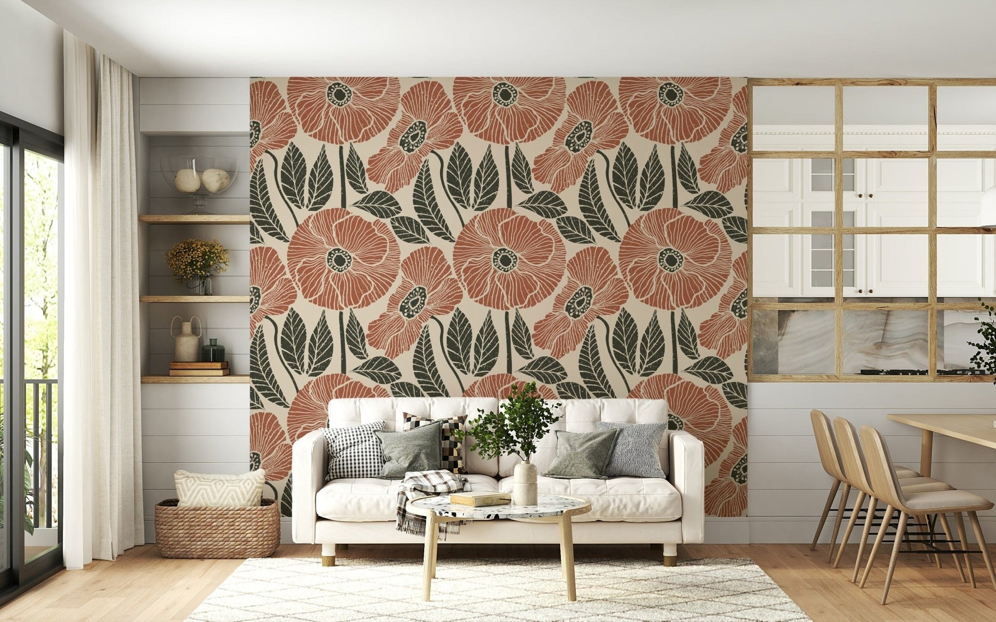 Stylish Rustic Block wallpaper, stylized botanical print, rust red petals, sophisticated design.