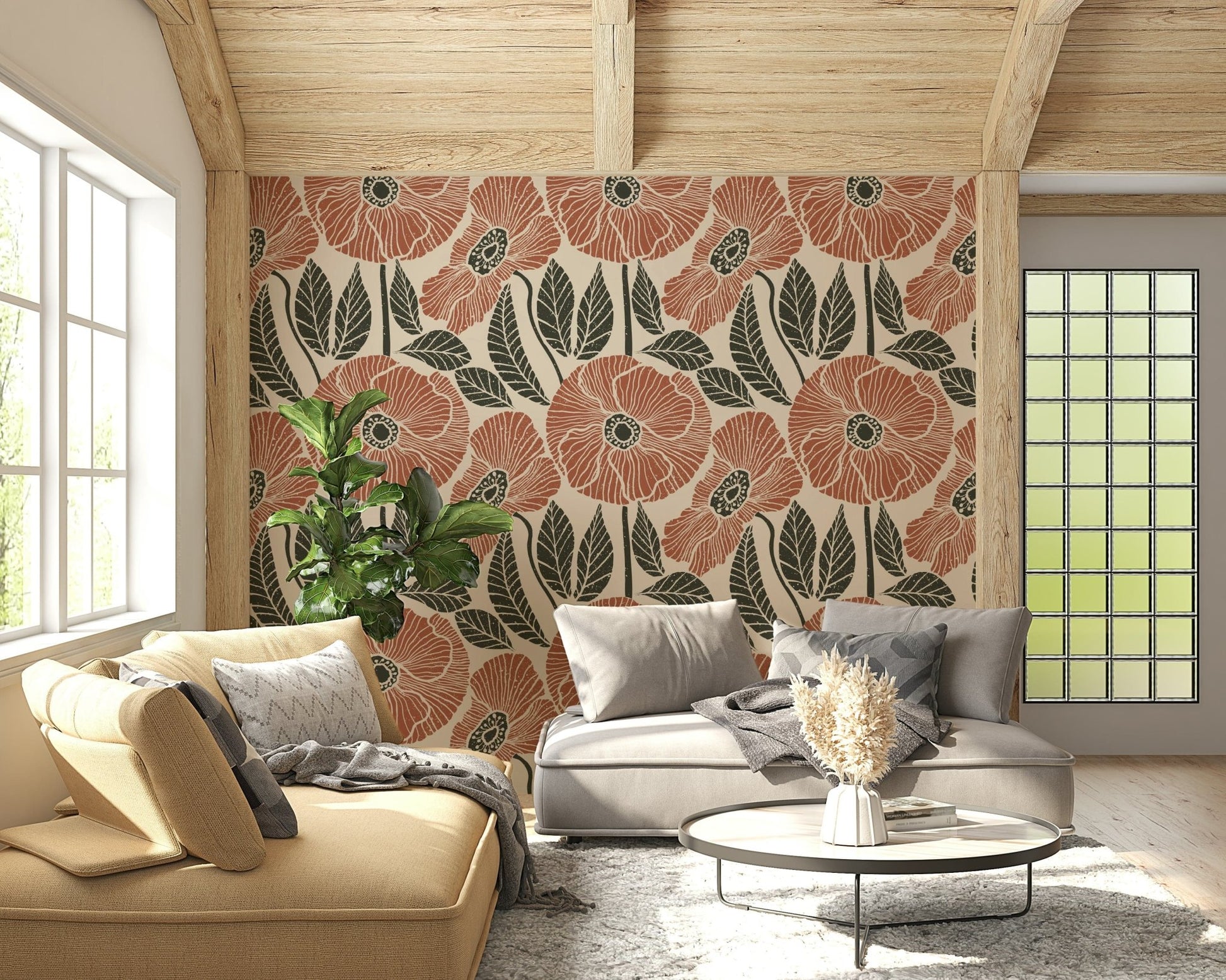 Rustic Block wallpaper, terracotta flowers, charcoal leaves, warm neutral background.
