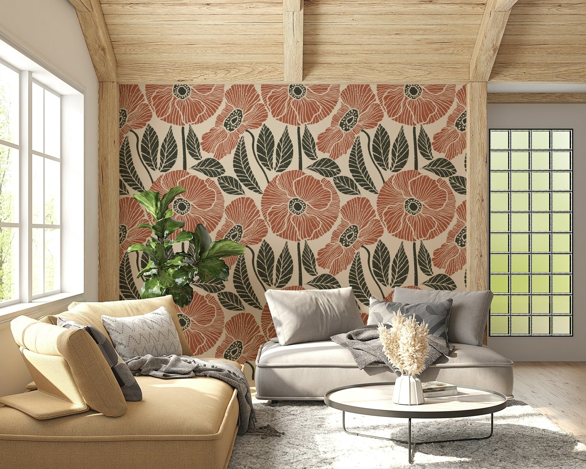 Rustic Block wallpaper, terracotta flowers, charcoal leaves, warm neutral background., GD6943