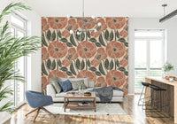 Bold Rustic Block mural, large stylized flowers, earthy palette, decorative surface.