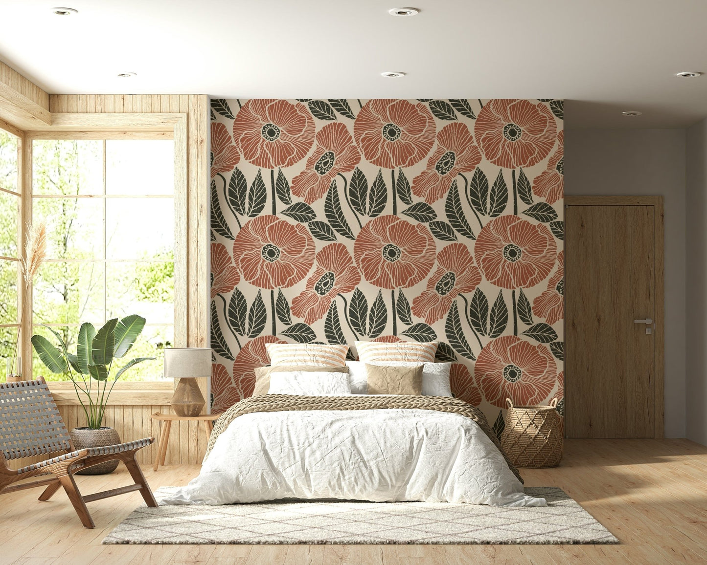 Abstract Poppy Floral Modern wall covering, oversized flora, beige background, rustic finish.