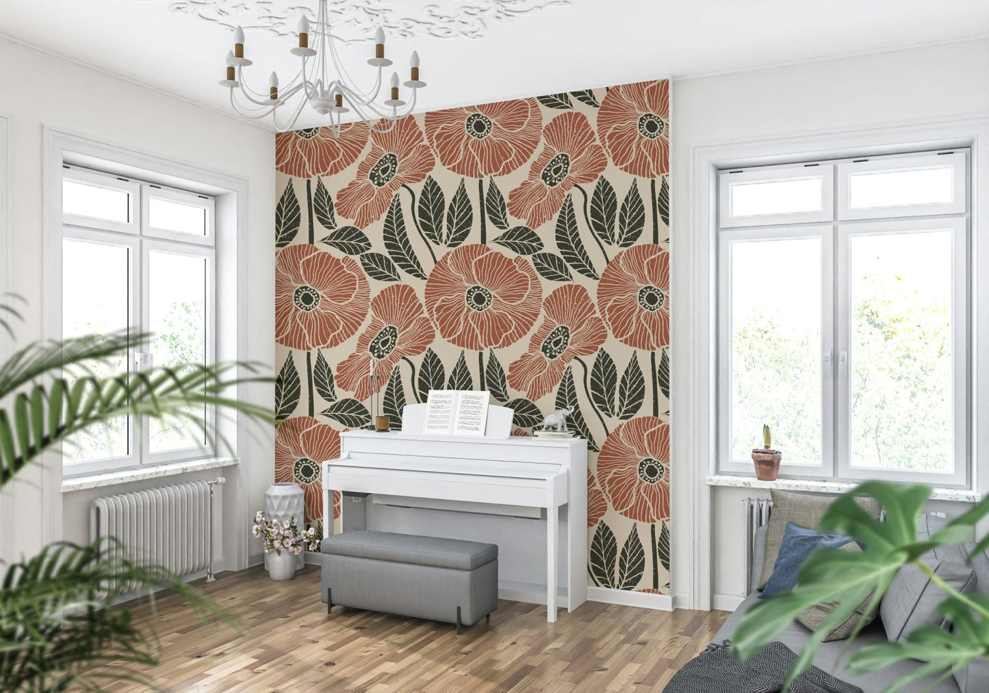 Poppy Floral Modern wall mural, large drawn blooms, earthy color palette, textured look.