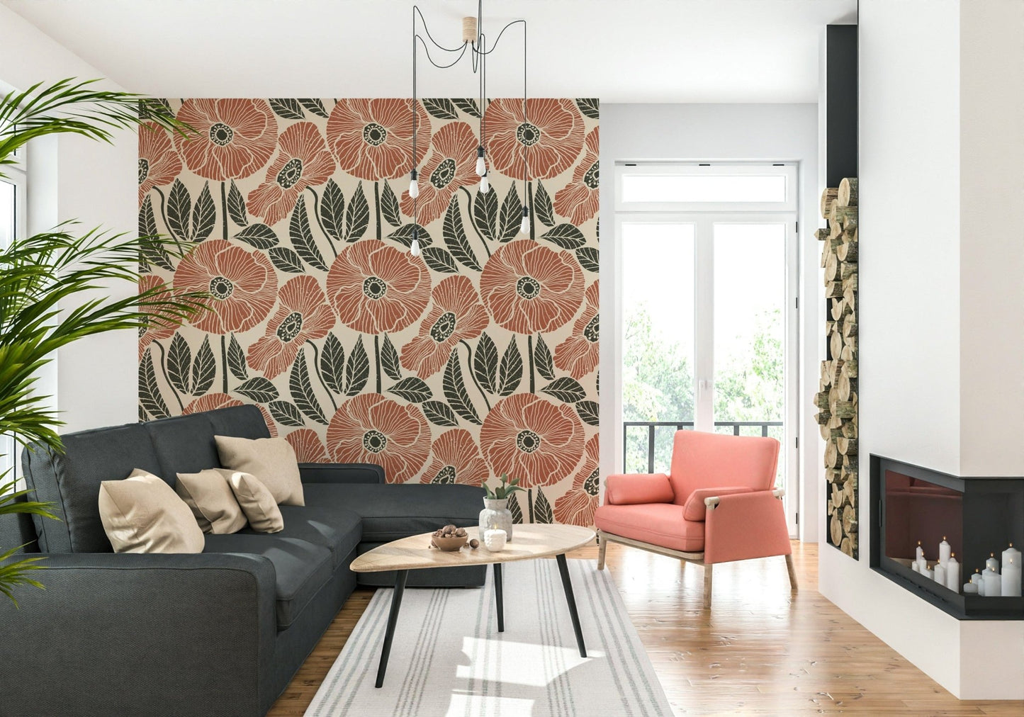 Chic Poppy Floral Modern wall surface, rust-colored blooms, striking interior accent.