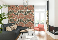 Chic Poppy Floral Modern wall surface, rust-colored blooms, striking interior accent.