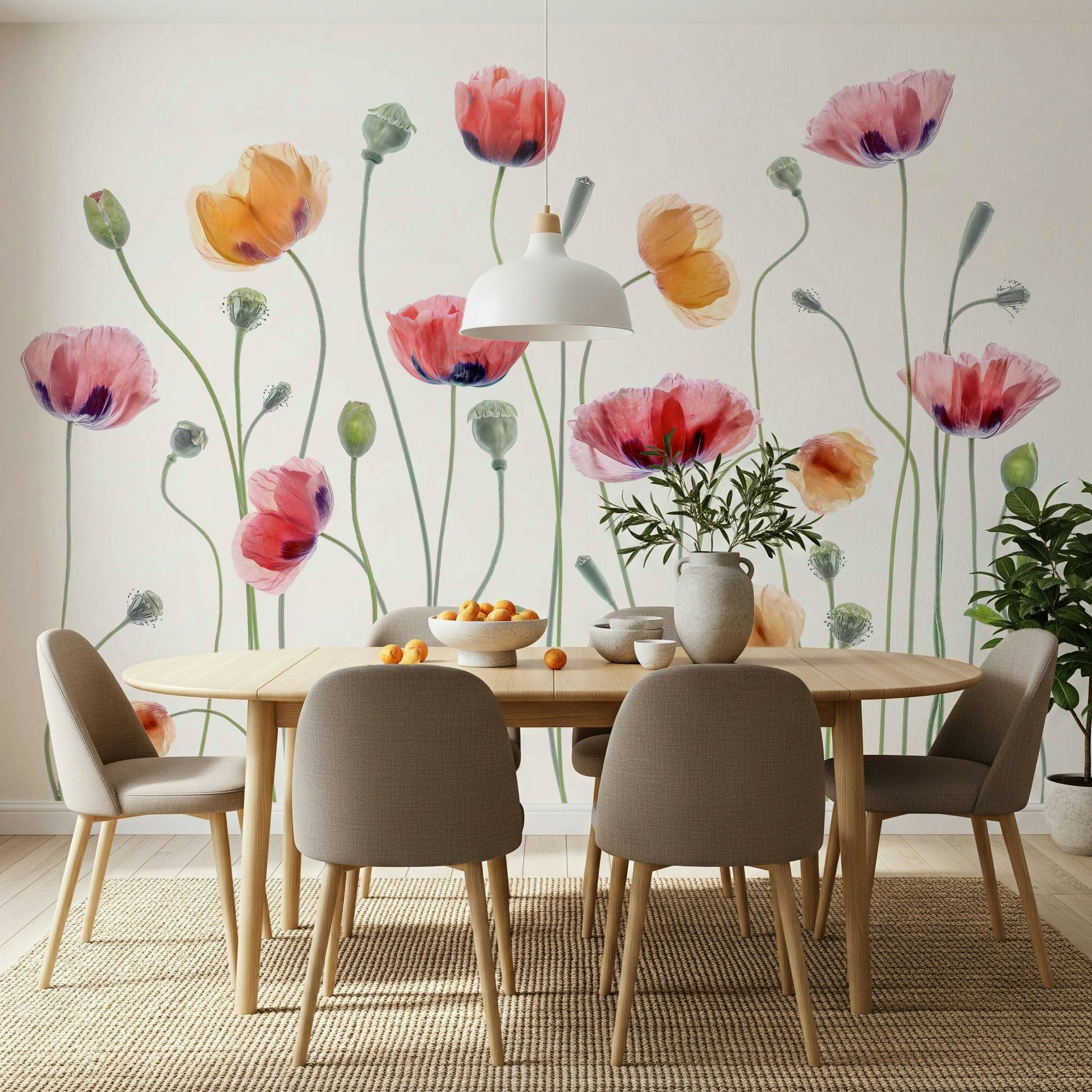 A beautiful delicate floral wallpaper mural with soft poppy hues.