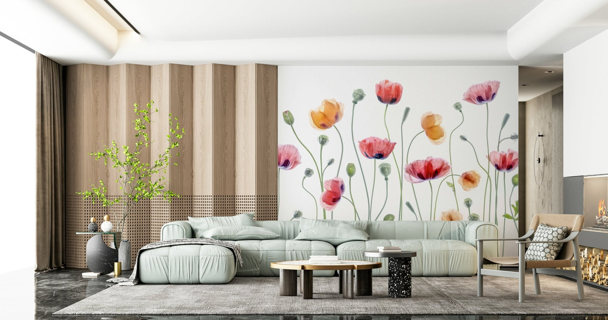 A graceful subtle flower wall mural in soft, elegant tones.