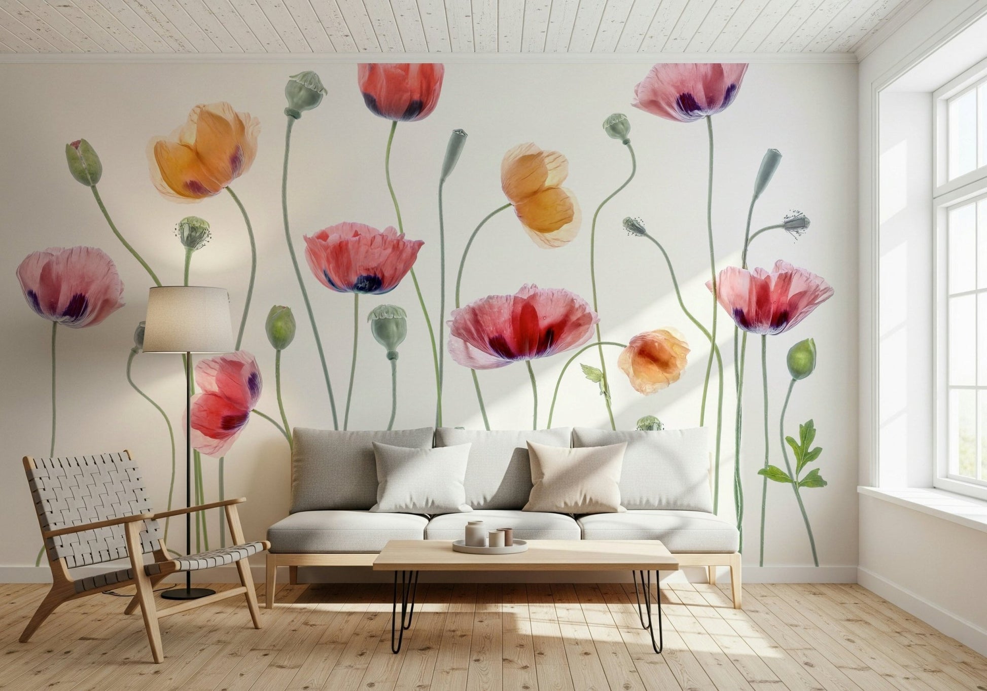 A contemplative floral pattern wallpaper mural for a feature wall.
