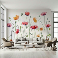 An artistic poppy bloom mural on minimalist wallpaper.