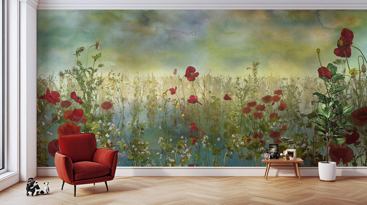 Watercolor poppy flower green wallpaper for a fresh, vibrant look., DTIL08