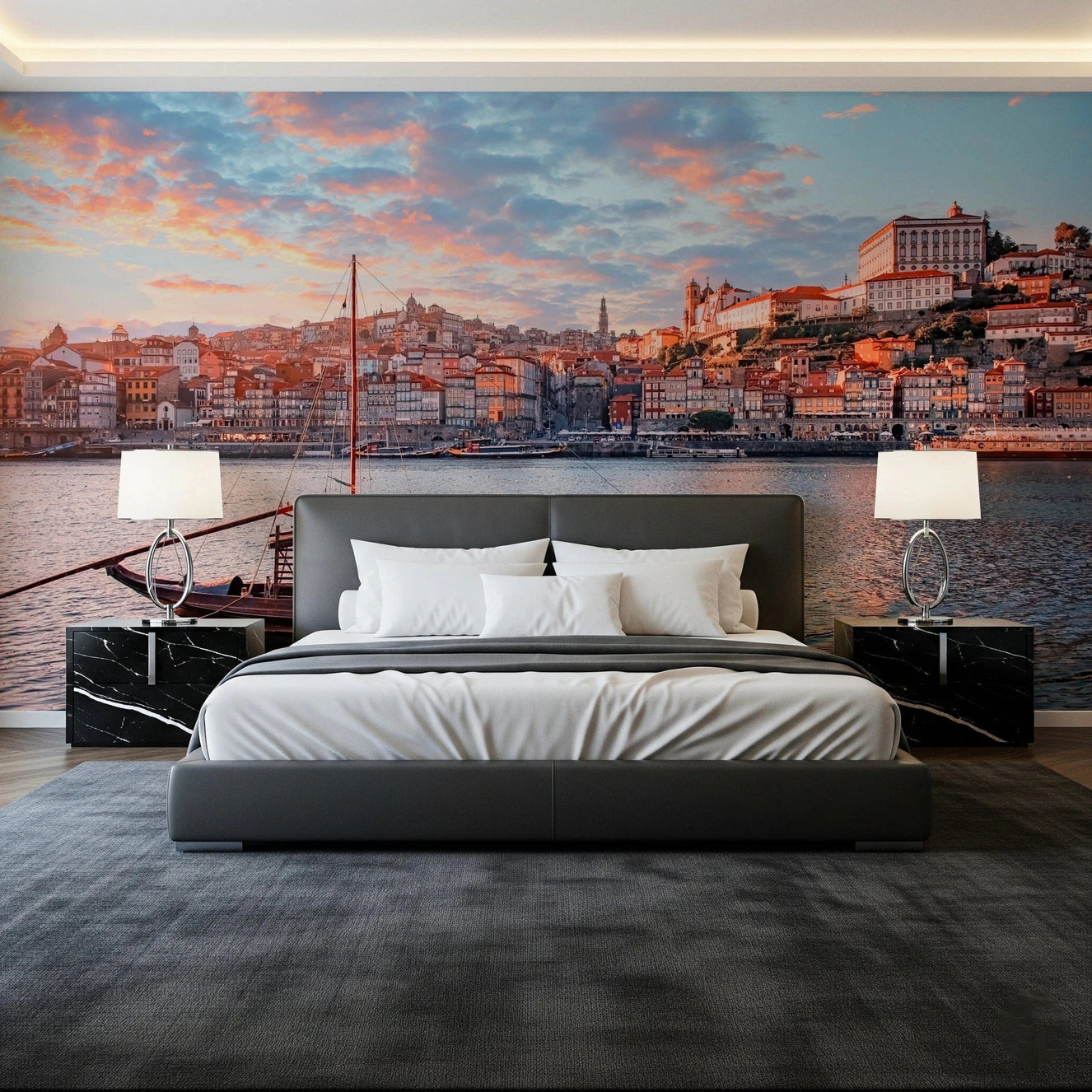 Porto Sunset Glow evening cityscape in a modern living room setting.