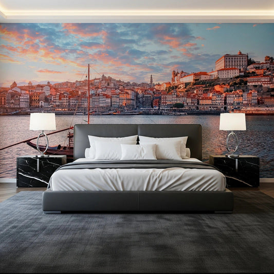 Porto Sunset Glow evening cityscape in a modern living room setting.