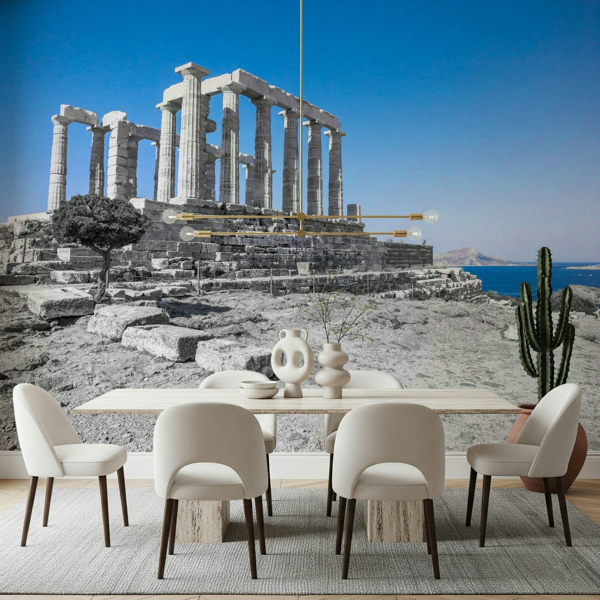 Cape Sounion artwork historic columns, azure sea, blue sky wall covering.