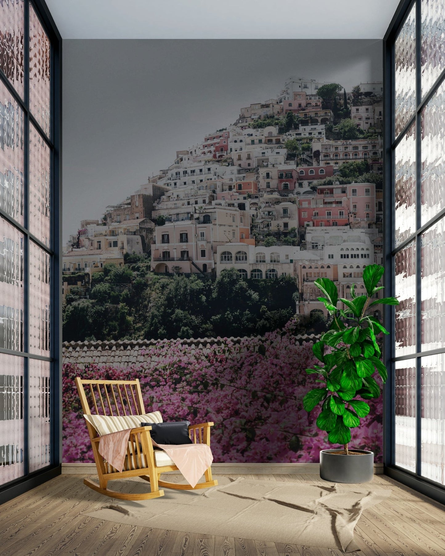 Positano hillside houses and flowers

