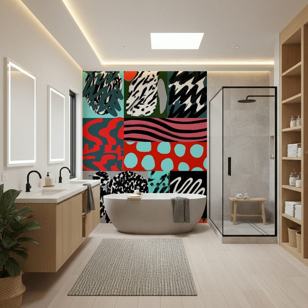 A calming abstract design wallpaper mural that defines a space.