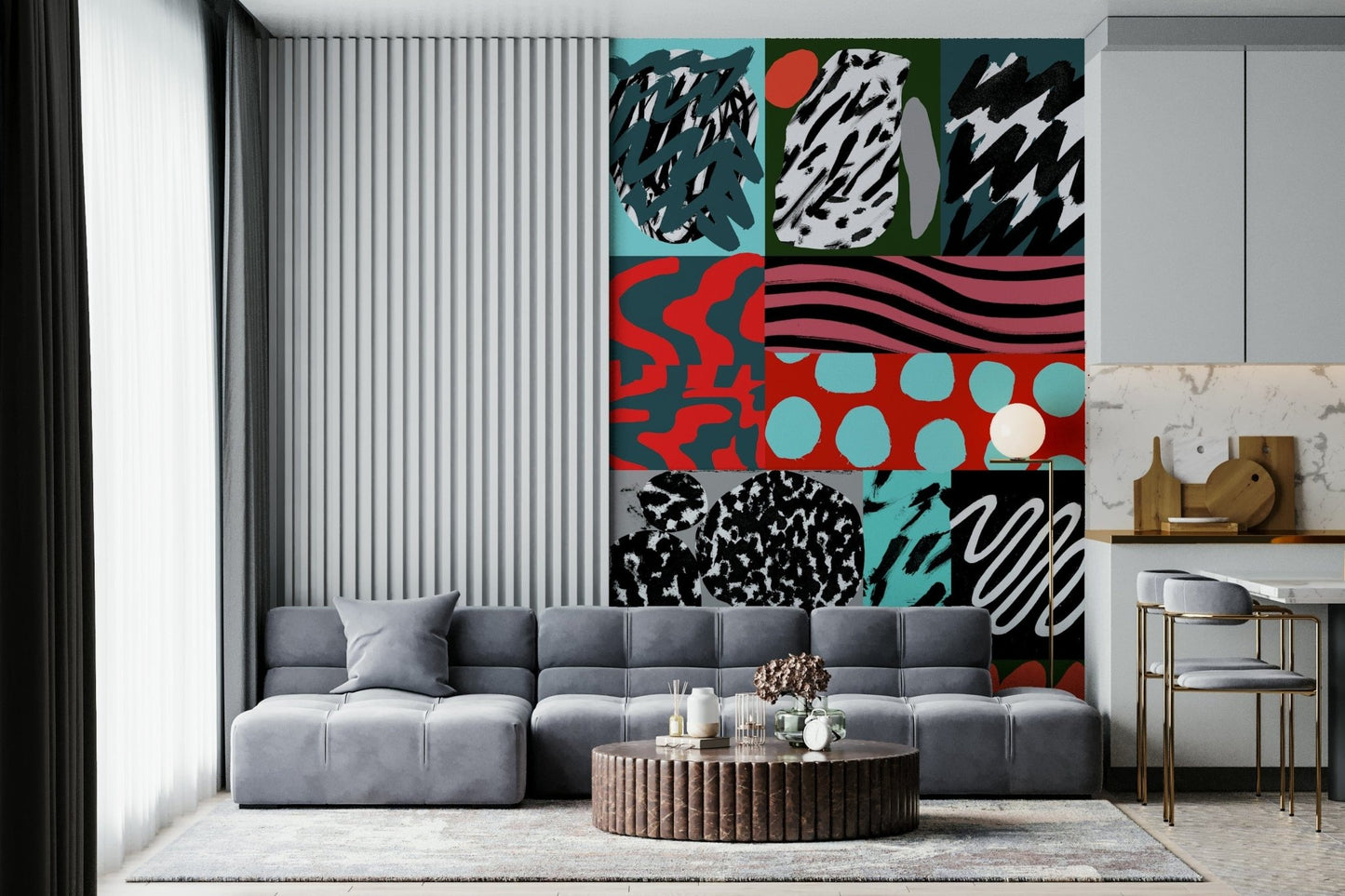 A peaceful modern abstract mural on decorative wallpaper.
