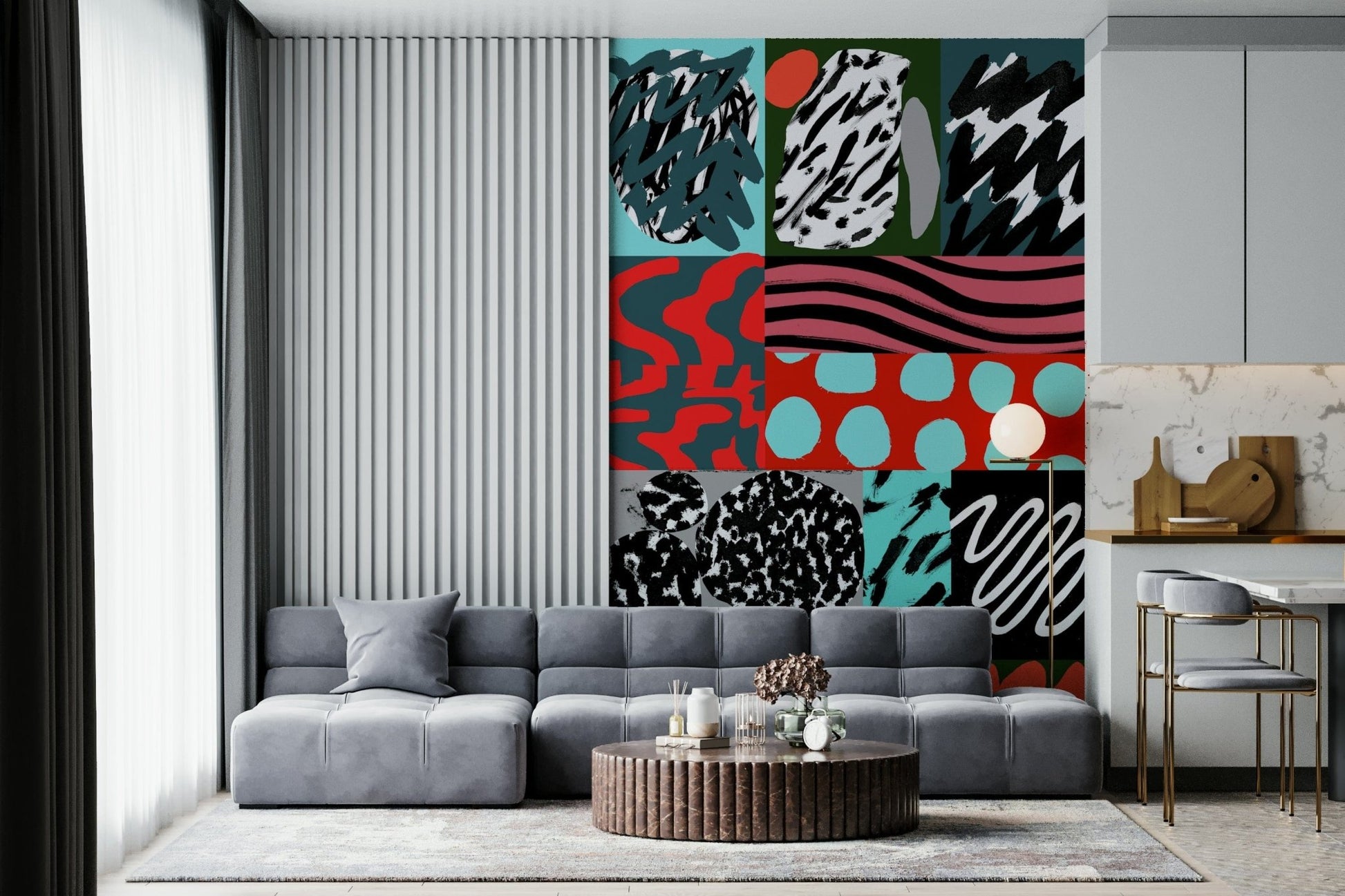 A peaceful modern abstract mural on decorative wallpaper.