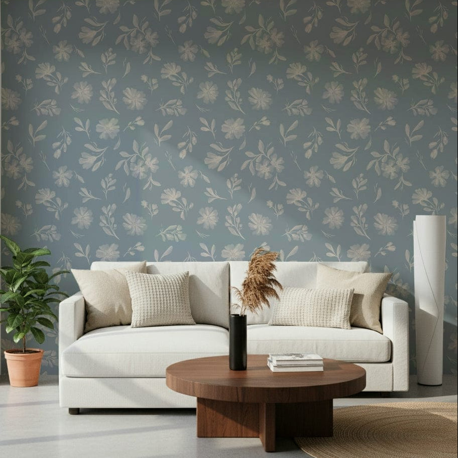 Powder Blue Bloom wallpaper showing cream flowers on a steel blue ground GD7417
