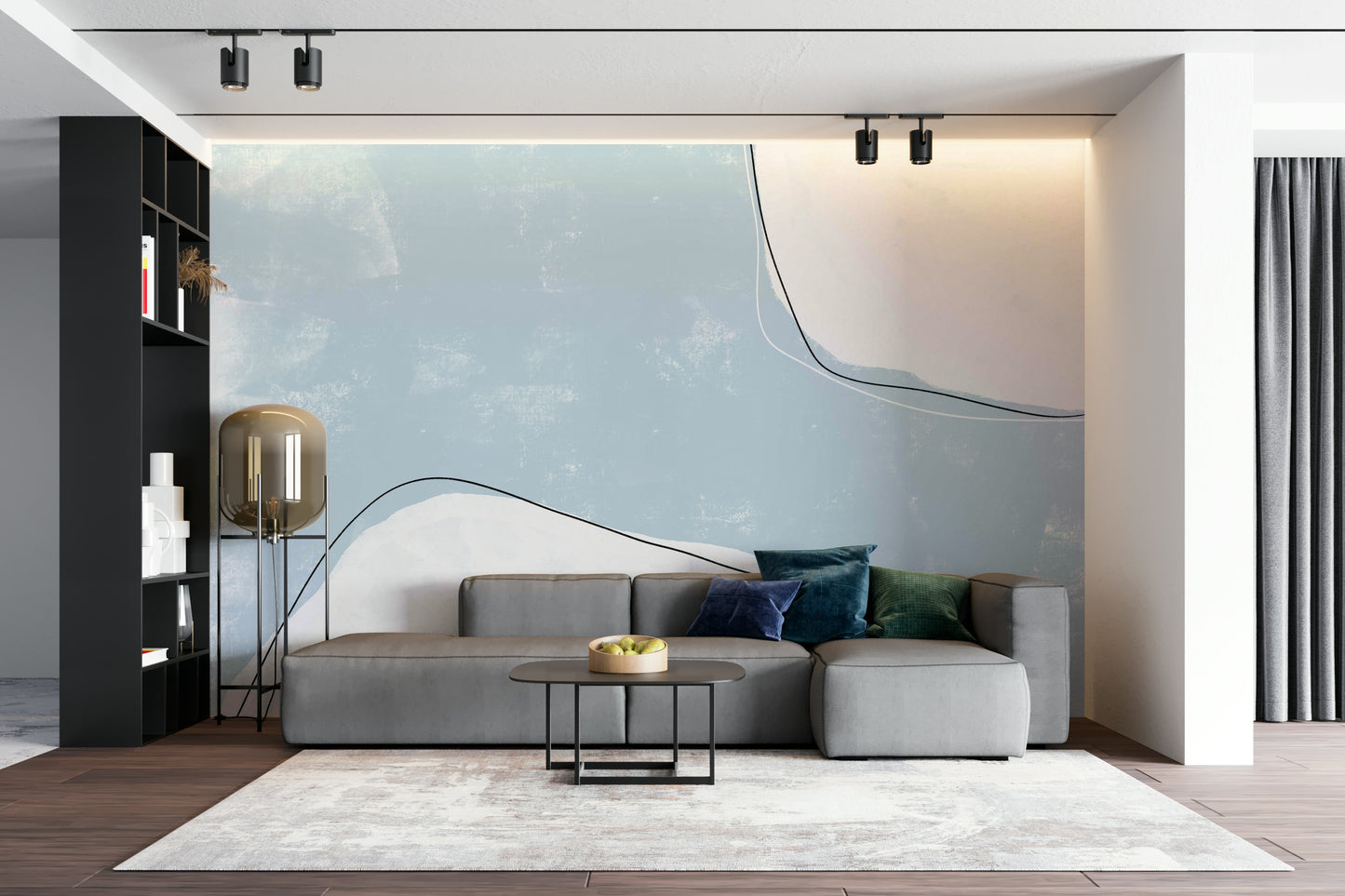 A calming abstract design wallpaper mural that defines a space.


