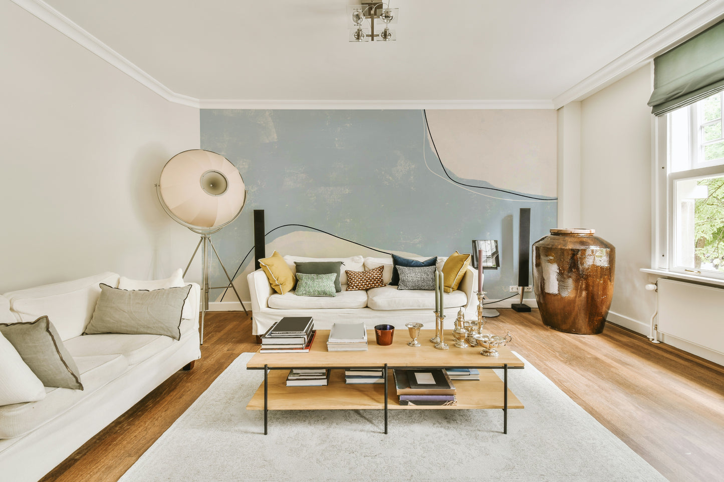 An artistic minimalist form mural for home decor.

