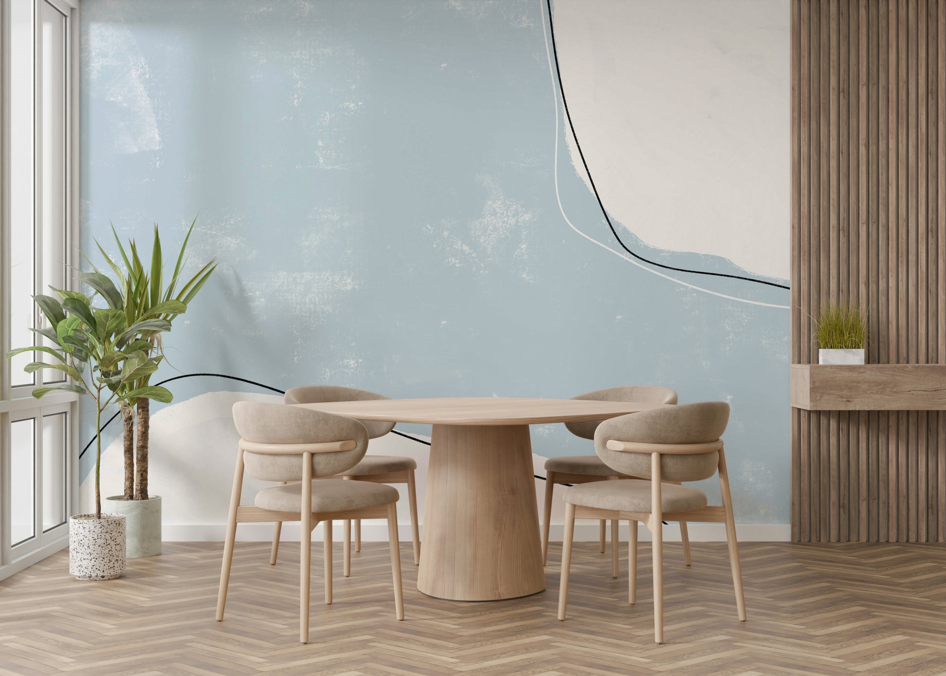 A graceful subtle pattern wall mural in cool, tranquil tones.

