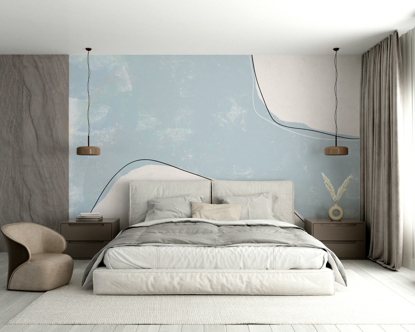 An artistic soft blue stroke mural on minimalist wallpaper.

