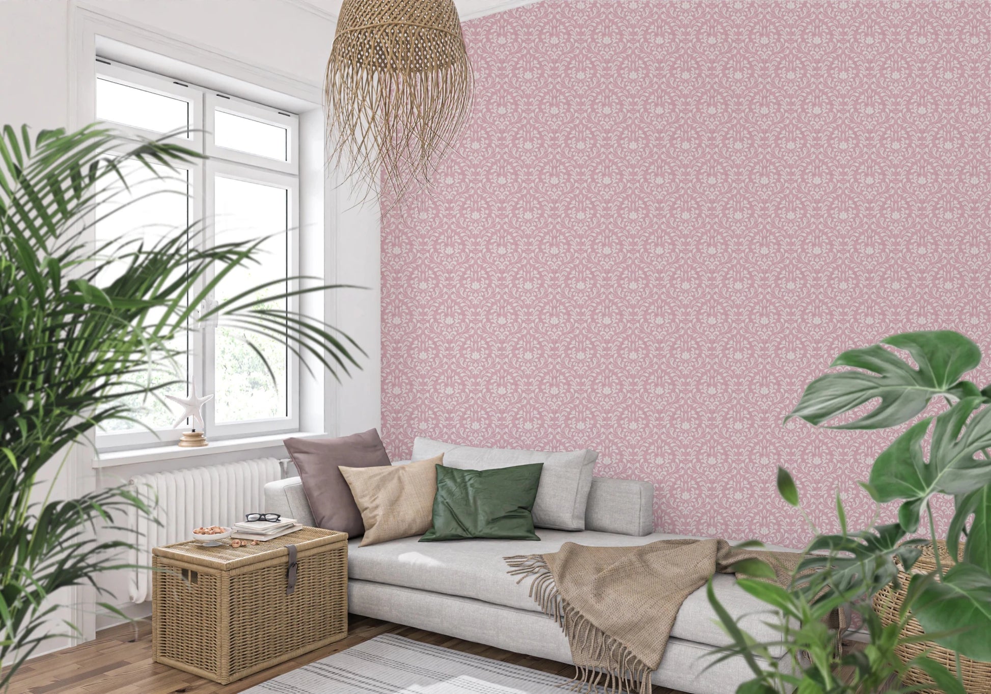 Powder Pink Bloom DAMASK Wallpaper for hallway and entrance walls, GD8362