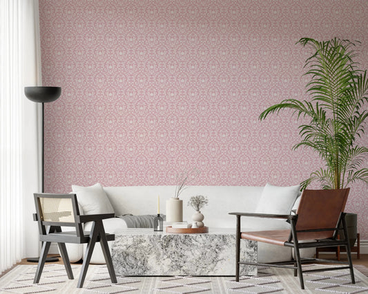 Powder Pink Bloom DAMASK Wallpaper with ornate floral patterns for bedrooms