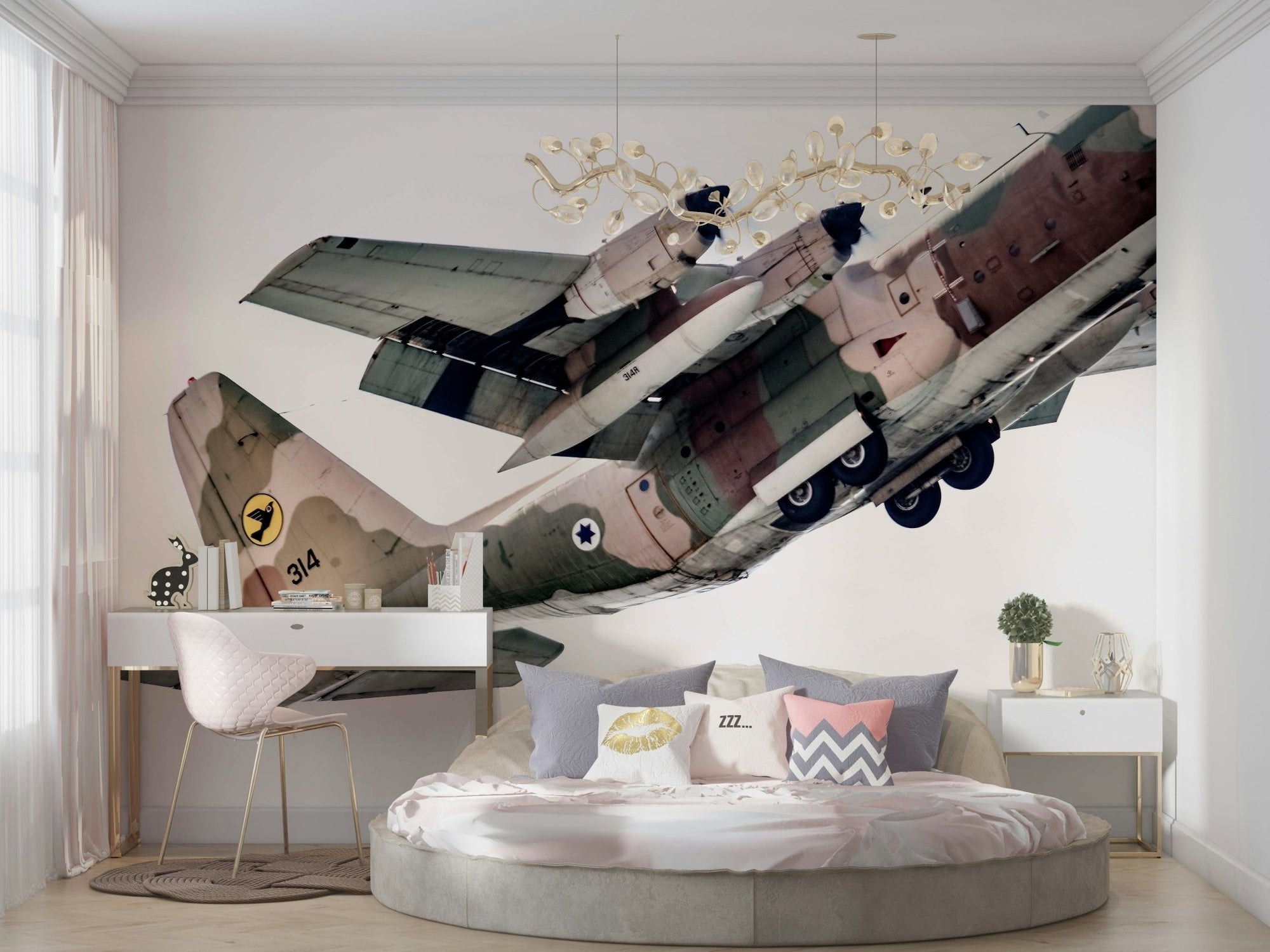 Power wall mural showing a large camouflage aircraft in flight GD4915
