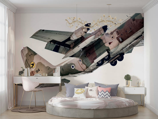 Power wall mural showing a large camouflage aircraft in flight GD4915
