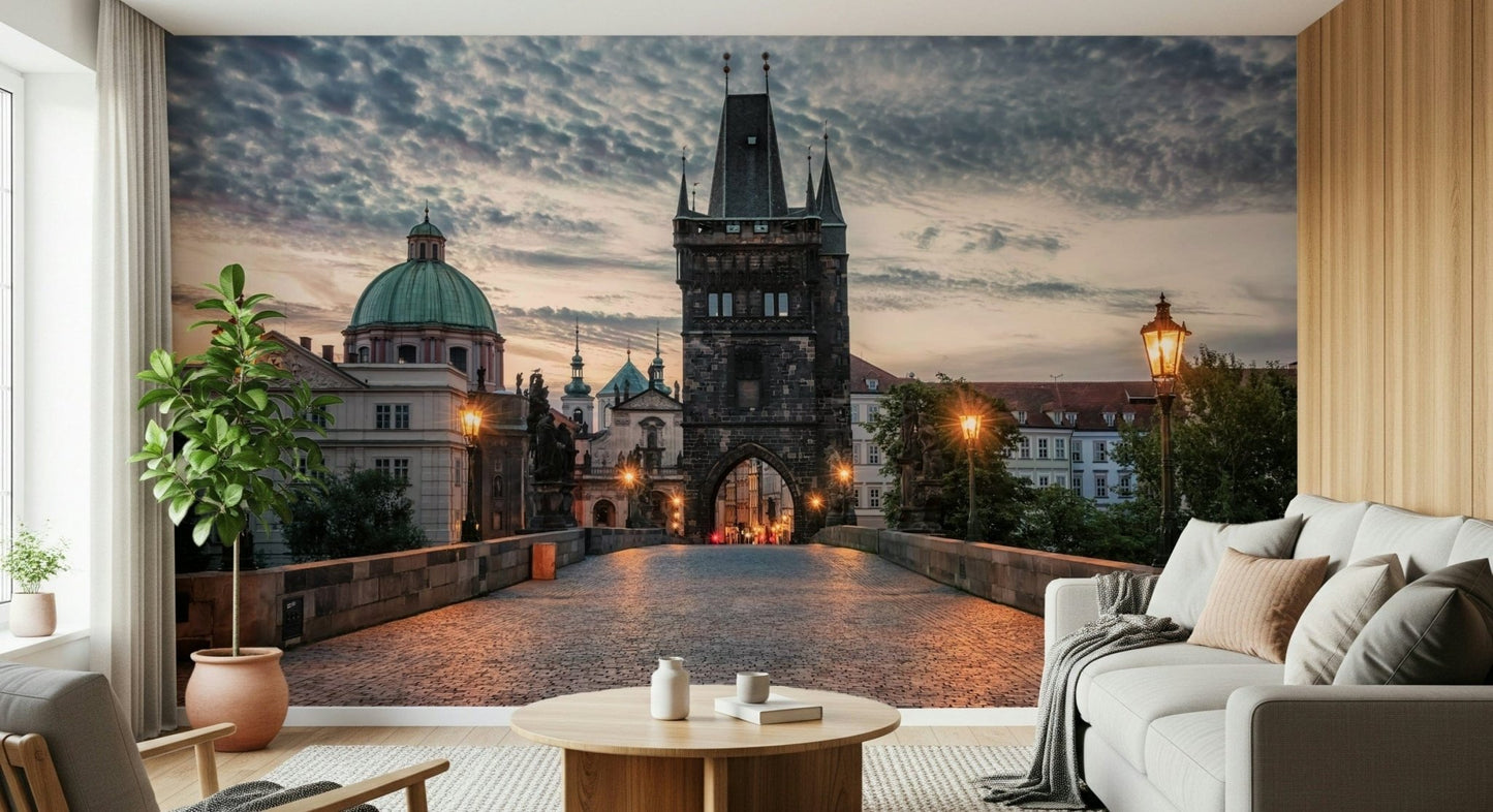 A modern lounge softened by Prague's Charm Wall Mural and its cobbled city view, GD7961