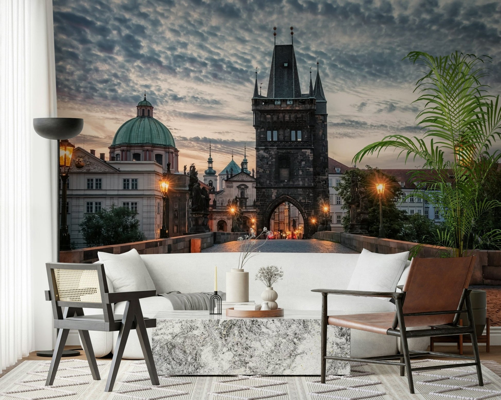 Prague's Charm Wall Mural creates a calm old-town setting for this relaxed seating area, GD7961