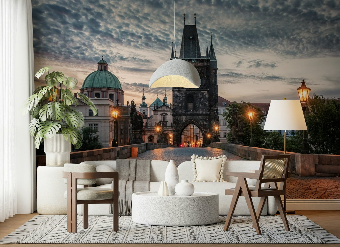 In this sitting room, Prague's Charm Wall Mural adds evening tower detail and warm glow, GD7961