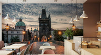 The room feels more atmospheric with Prague's Charm Wall Mural and classic tower lines, GD7961