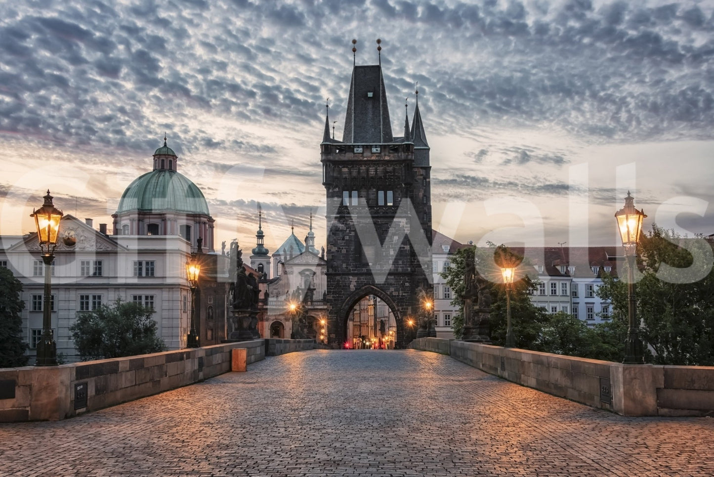 Prague's Charm Wall Mural gives this bedroom a calm historic-city backdrop at dusk, GD7961