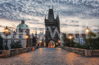 Prague's Charm Wall Mural gives this bedroom a calm historic-city backdrop at dusk, GD7961