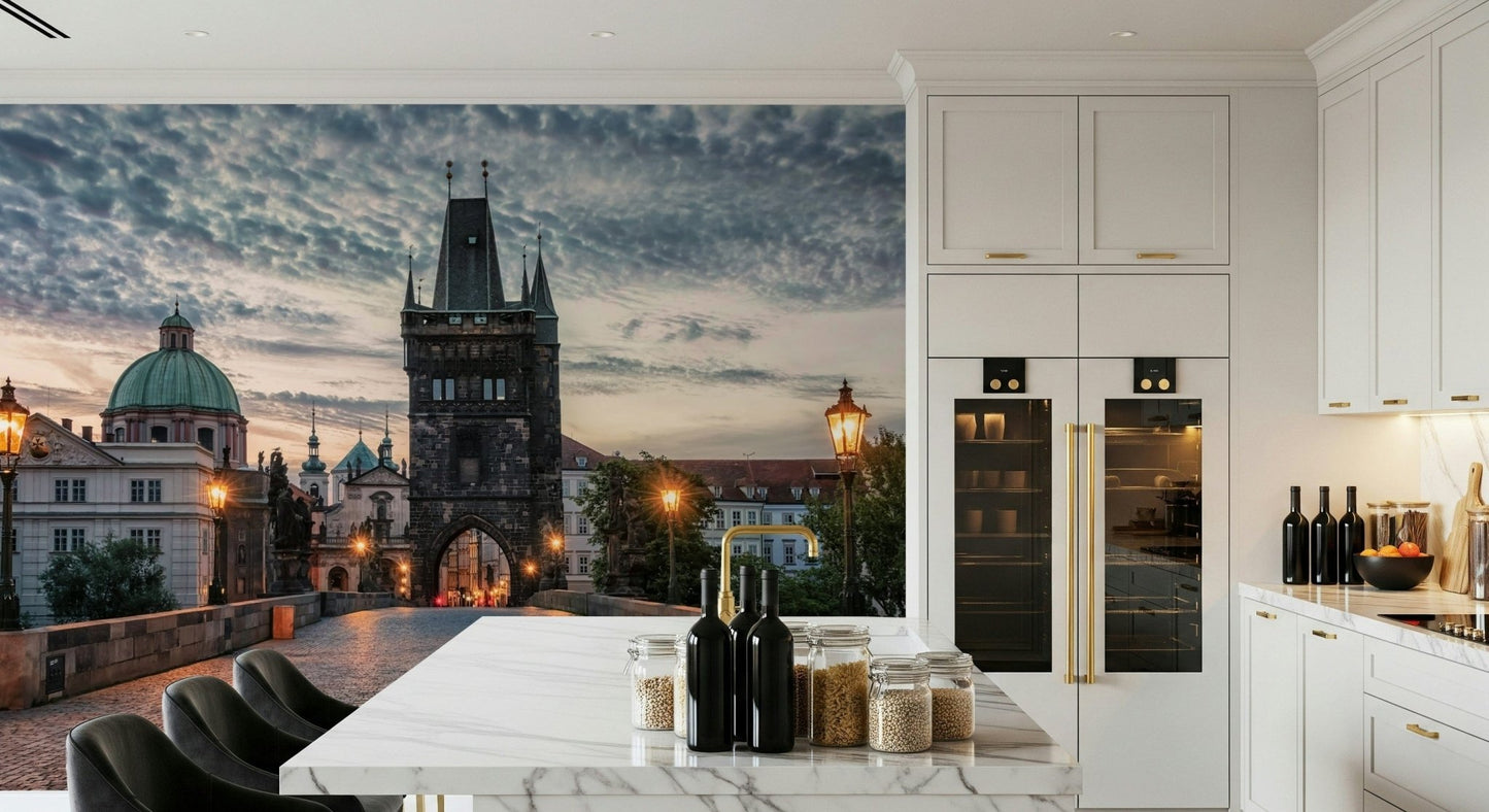 Prague's Charm Wall Mural adds a refined city-bridge scene to this bright kitchen area, GD7961