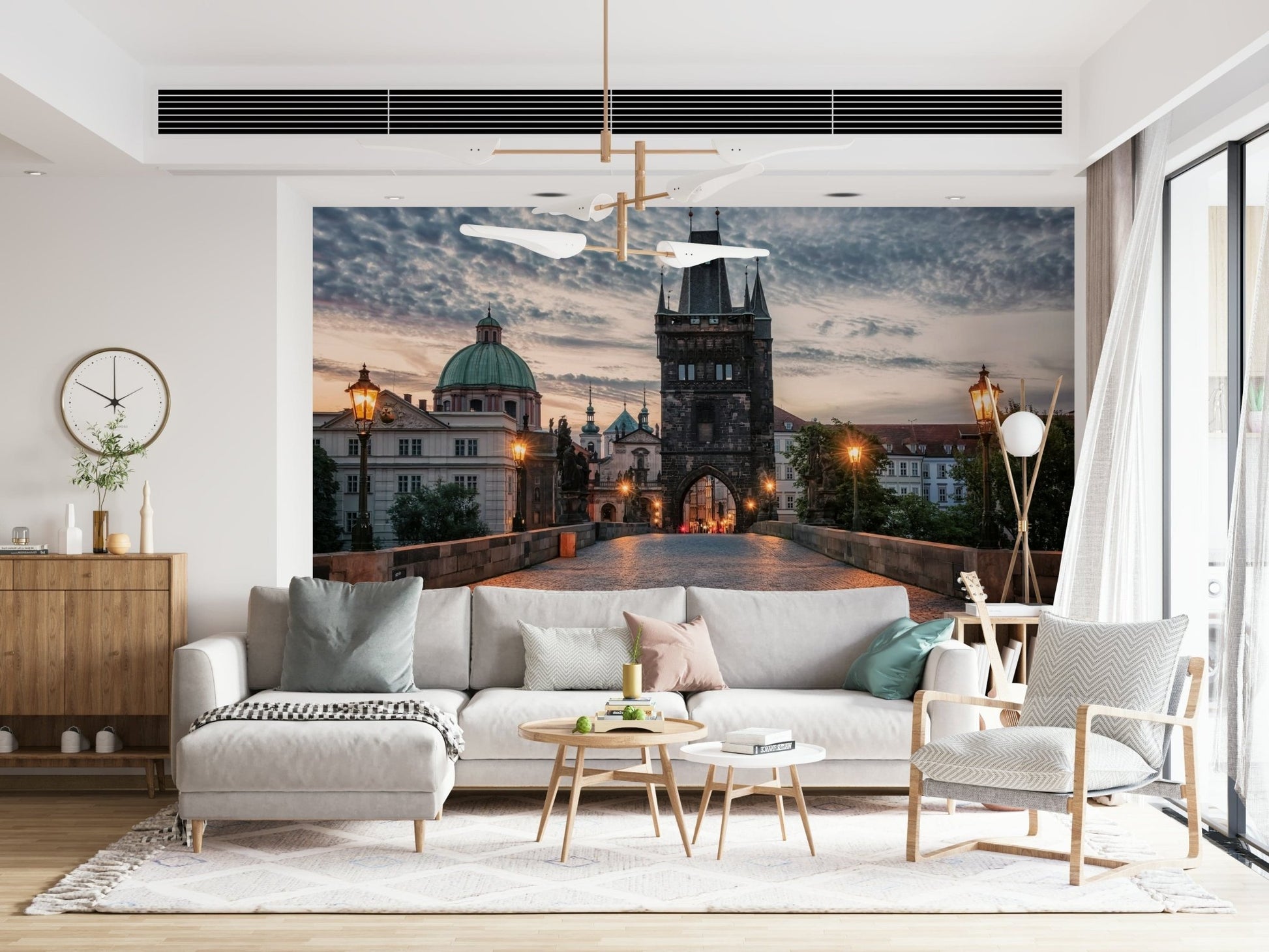 Prague's Charm Wall Mural brings historic skyline depth into this open living room, GD7961