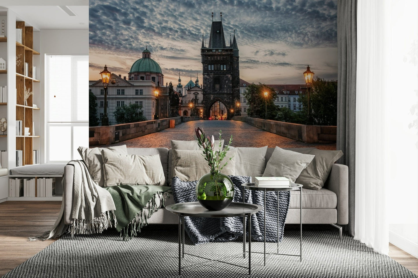 This living space feels richer with Prague's Charm Wall Mural and lantern-lit architecture, GD7961