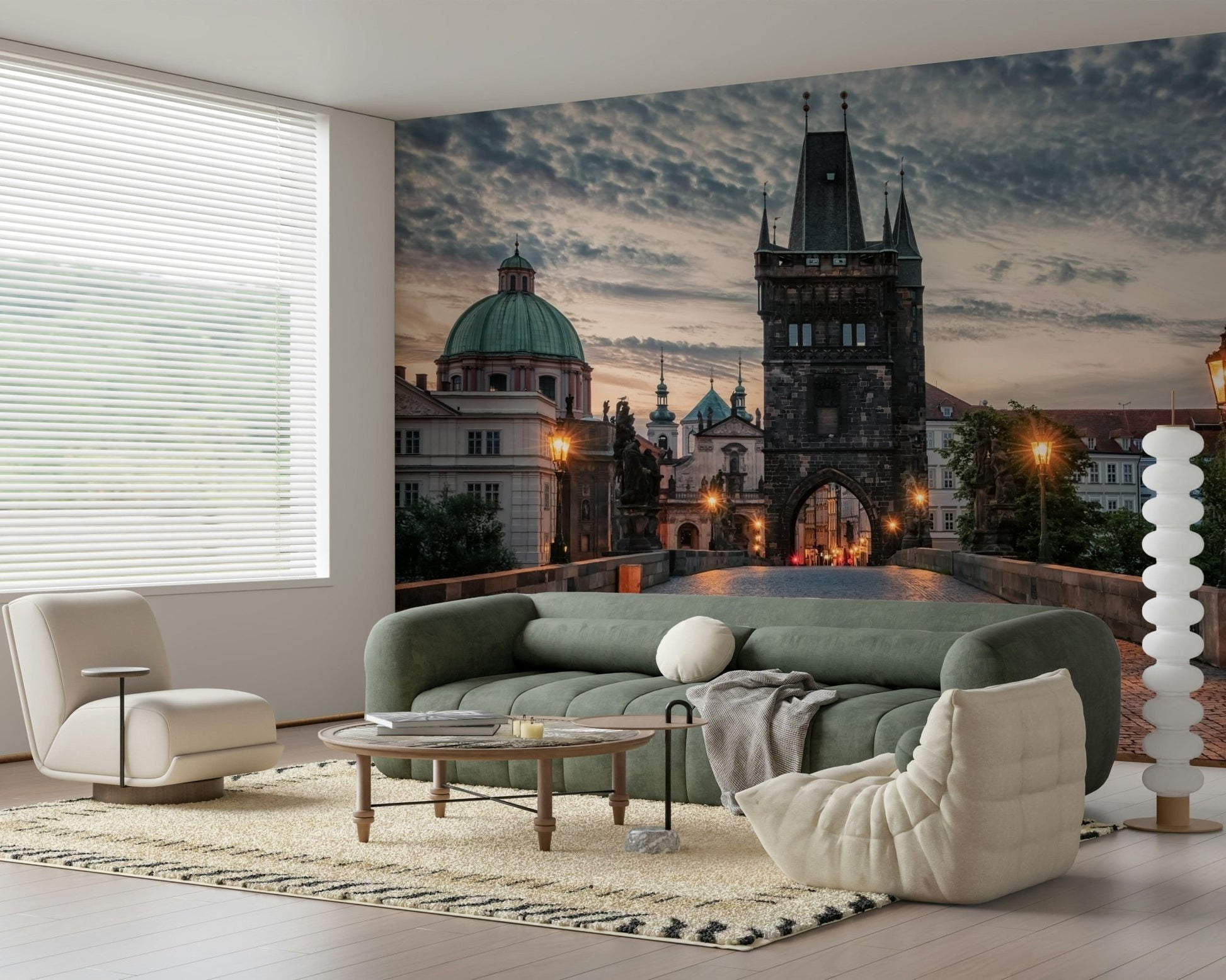 A quiet lounge corner paired with Prague's Charm Wall Mural and dramatic twilight clouds, GD7961