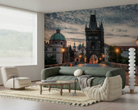 A quiet lounge corner paired with Prague's Charm Wall Mural and dramatic twilight clouds, GD7961