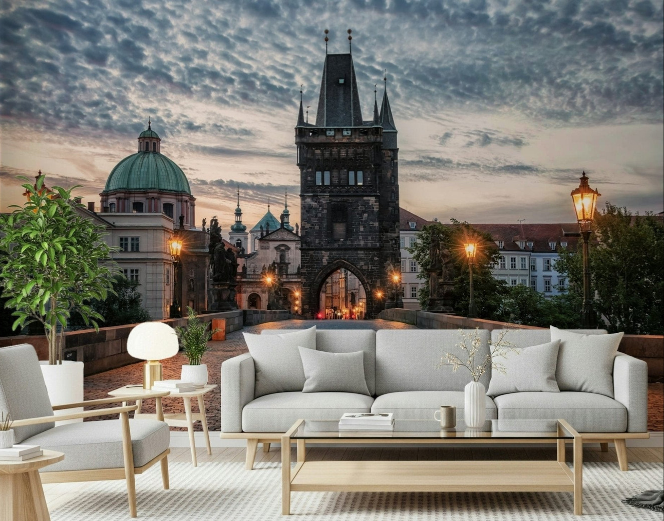 A bright lounge framed by Prague's Charm Wall Mural and softly lit old-city architecture