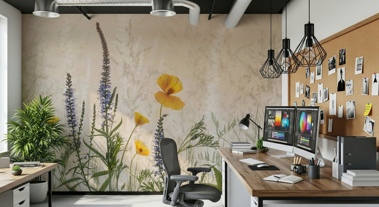 A beautiful serene prairie wallpaper mural with subtle floral blooms.