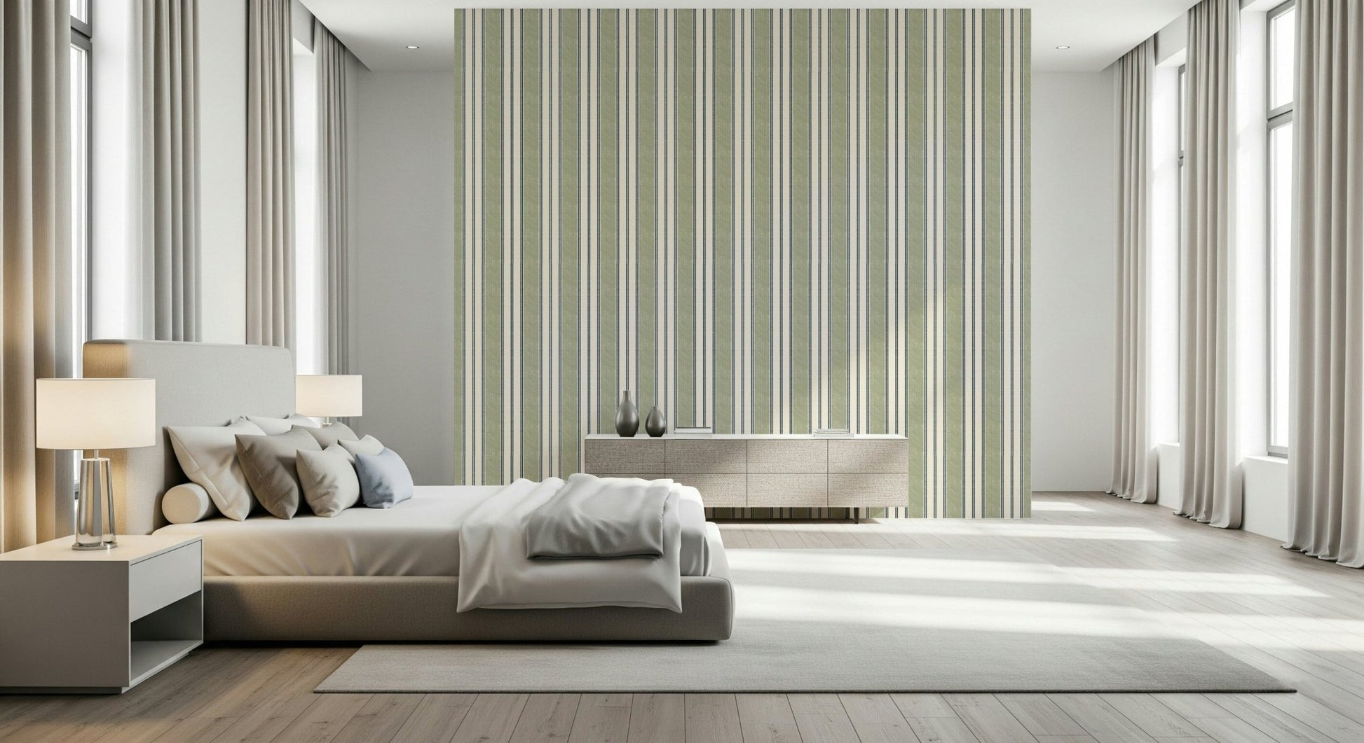A beautiful green ticking stripe wallpaper mural with a preppy, grandmillennial style.