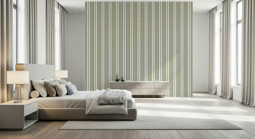A beautiful green ticking stripe wallpaper mural with a preppy, grandmillennial style., GD5978